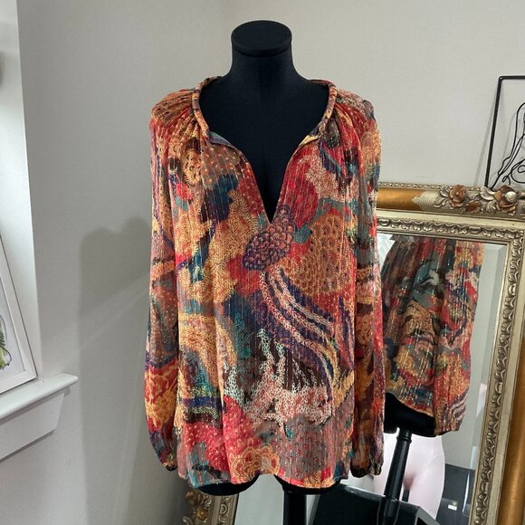 A.L.C. Metallic Floral V-Neck Silk Tunic Blouse Long Sleeve Size 8 Multicolor - Picture 2 of 4